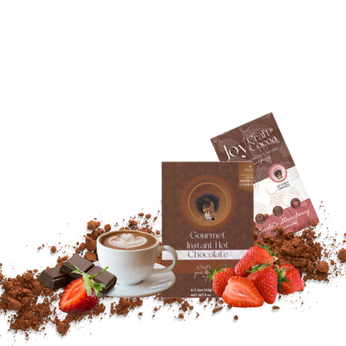 Cocoa and strawberries with a box and bag of hot chocolate next to it