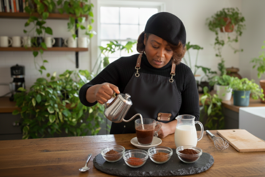 Chef Saidah Farrell of Joy Craft Cocoa pours milk into a cup of hot chocolate in a clear mug. Chef Farrell is a Black woman wearing a black beret, a chef's apron, and a black turtleneck. She stands in a cafe-like setting, surrounded by plants, mugs, and wood elements, while she looks down at the mug of hot chocolate.